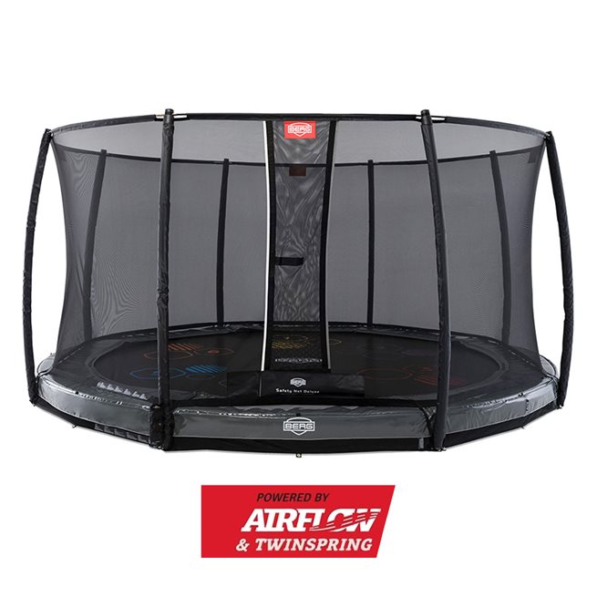 BERG Elite Nedgrävbar Studsmatta 430 Grå Levels + Säkerhetsnät Deluxe