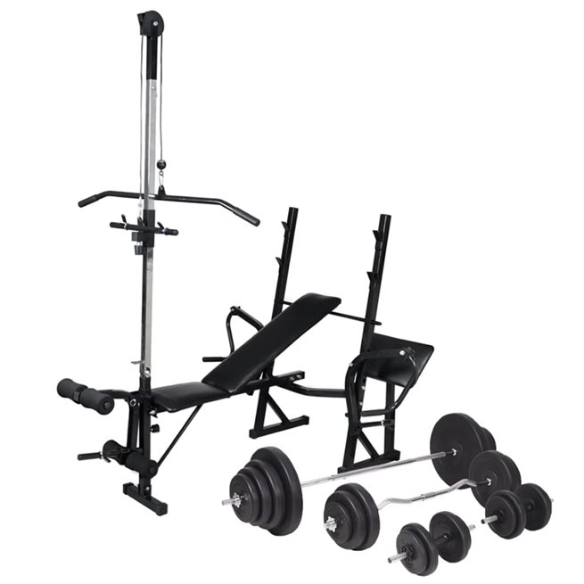 vidaXL Träningsbänk set viktställning skivstång och hantlar 120 kg
